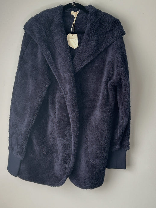 Faux Fur Navy Hooded Jacket with Pockets