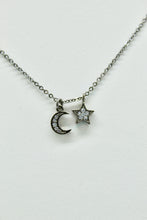 Load image into Gallery viewer, Hematite colored chain necklace w/pave CZ moon and solid star charms