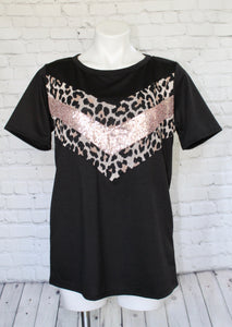Black short sleeve with leopard & rose sequin chevron detail