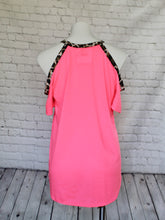 Load image into Gallery viewer, Jersey knit cold shoulder top with leopard trim