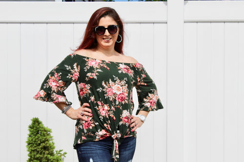 Green Floral Off The Shoulder Top