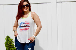 American flag lip graphic T top with neon trim