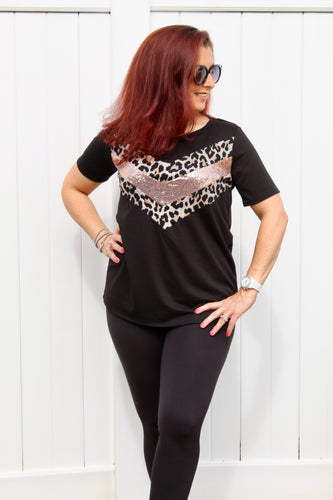 Black short sleeve with leopard & rose sequin chevron detail