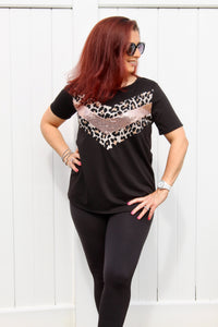 Black short sleeve with leopard & rose sequin chevron detail