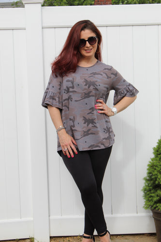 Camo print ruffle short sleeve top