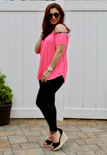 Load image into Gallery viewer, Jersey knit cold shoulder top with leopard trim