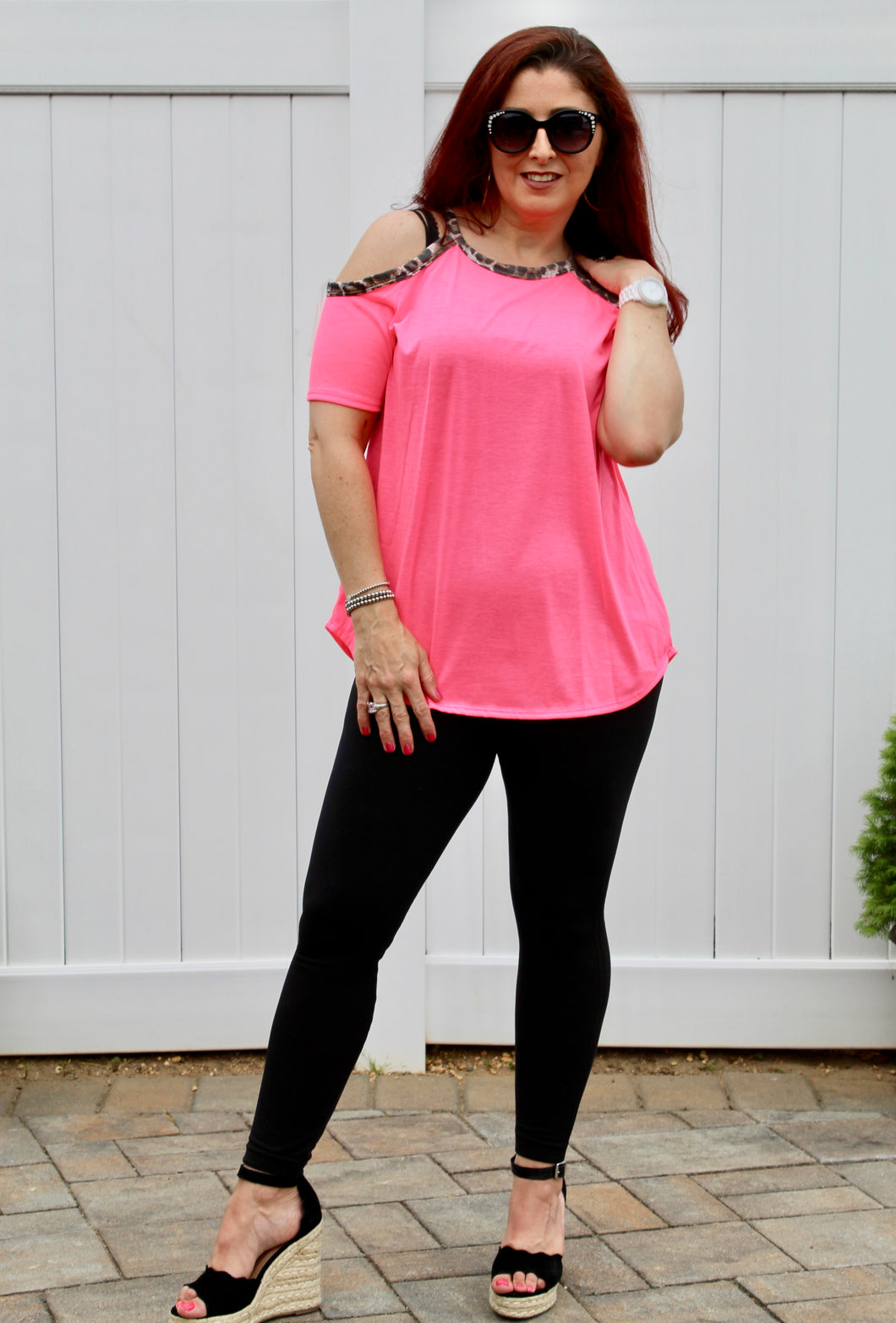 Jersey knit cold shoulder top with leopard trim