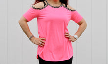 Load image into Gallery viewer, Jersey knit cold shoulder top with leopard trim