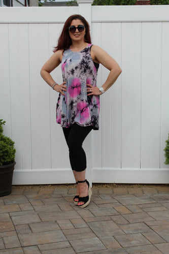 Fuchsia tie dye tank dress with pockets