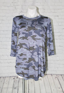 3/4 Sleeve Blue Camo Top