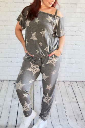 Animal & Star Print Asymmetrical Neckline Top with Side Knot Detail