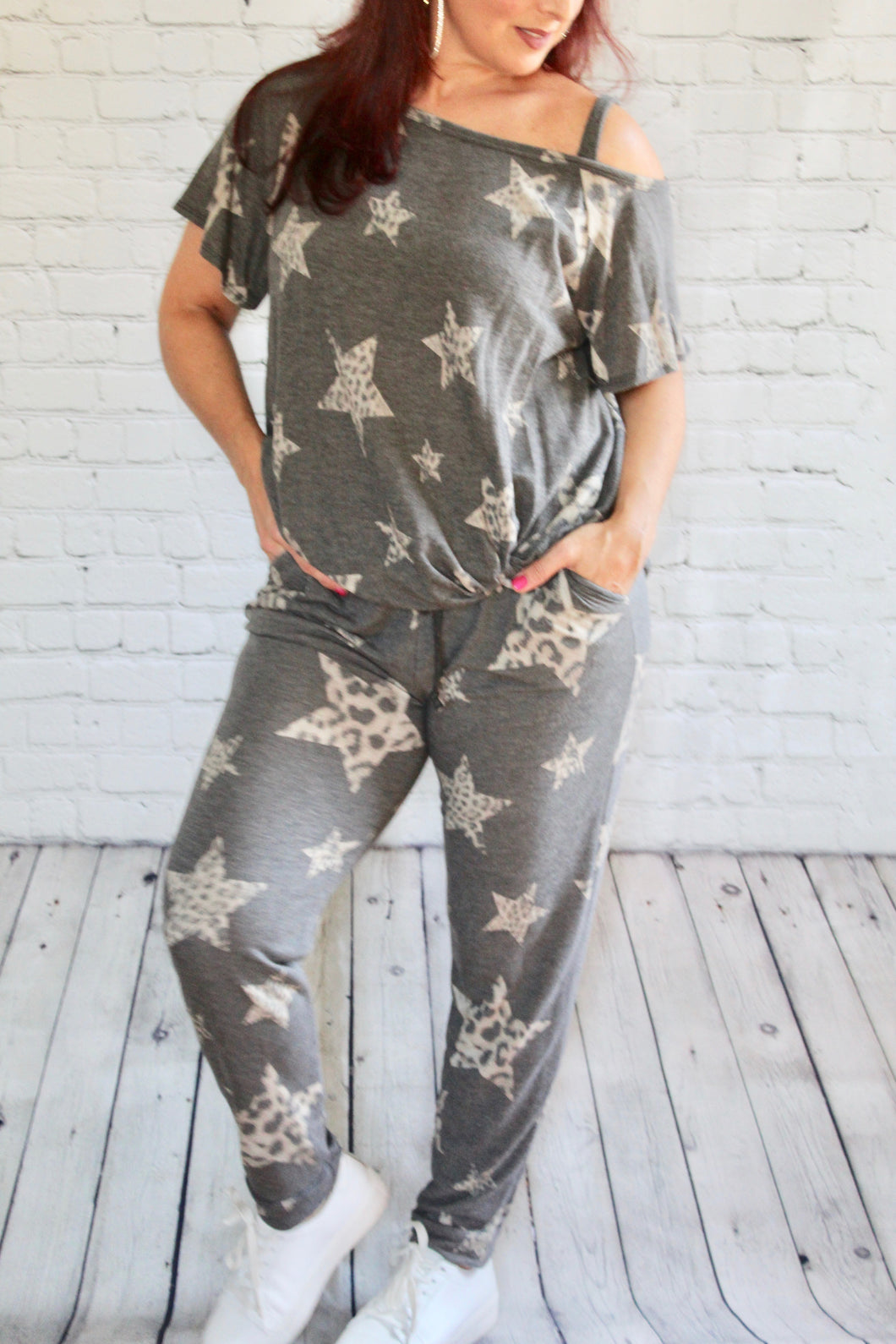 Animal & Star Print Asymmetrical Neckline Top with Side Knot Detail