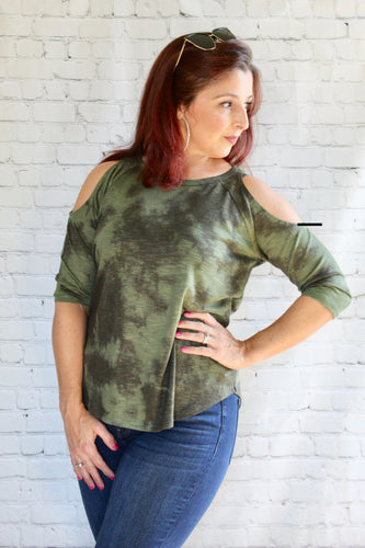 Tie Dye Cold Shoulder top (Olive Green or Burgundy)