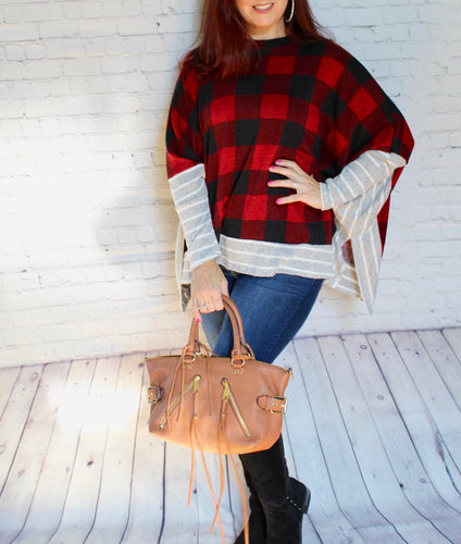 Buffalo Plaid Cape Style Drape Neck Tunic