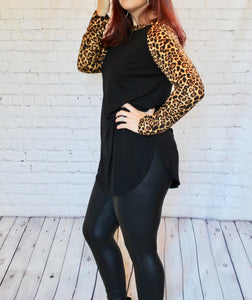 Black Top with Animal Print Sleeves