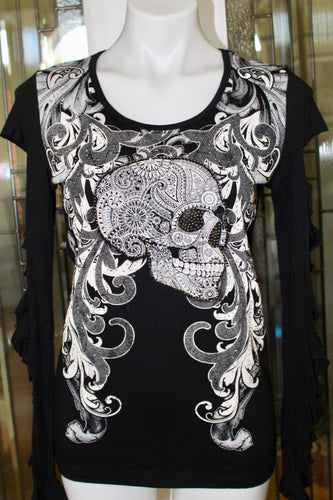 Skull Detail Dye Cut Long Sleeve Top with Stones