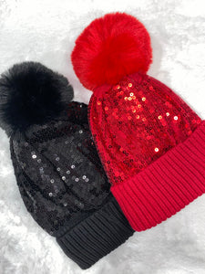 Sequin Embellished Pom Pom Beanie Hat